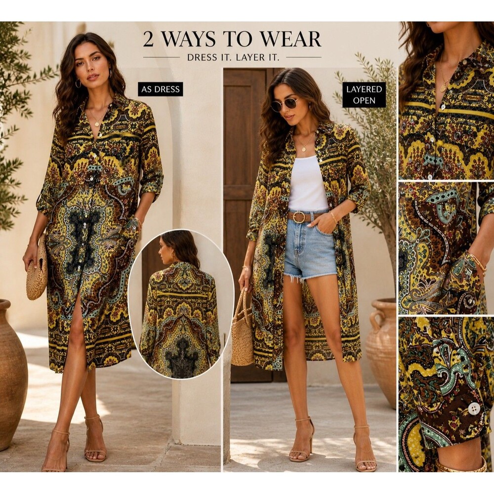 ZARA Boho Luxe Paisley Shirt Dress Baroque Mosaic Artsy Kimono Chic NWOT S